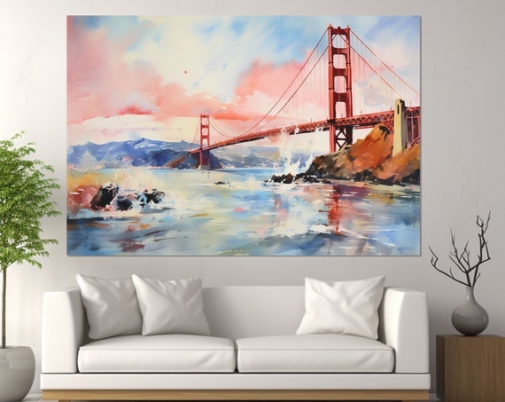 Golden Gate Bridge Retro Style Oil Painting Print San Francisco Wall Art Framed And Ready To Hang