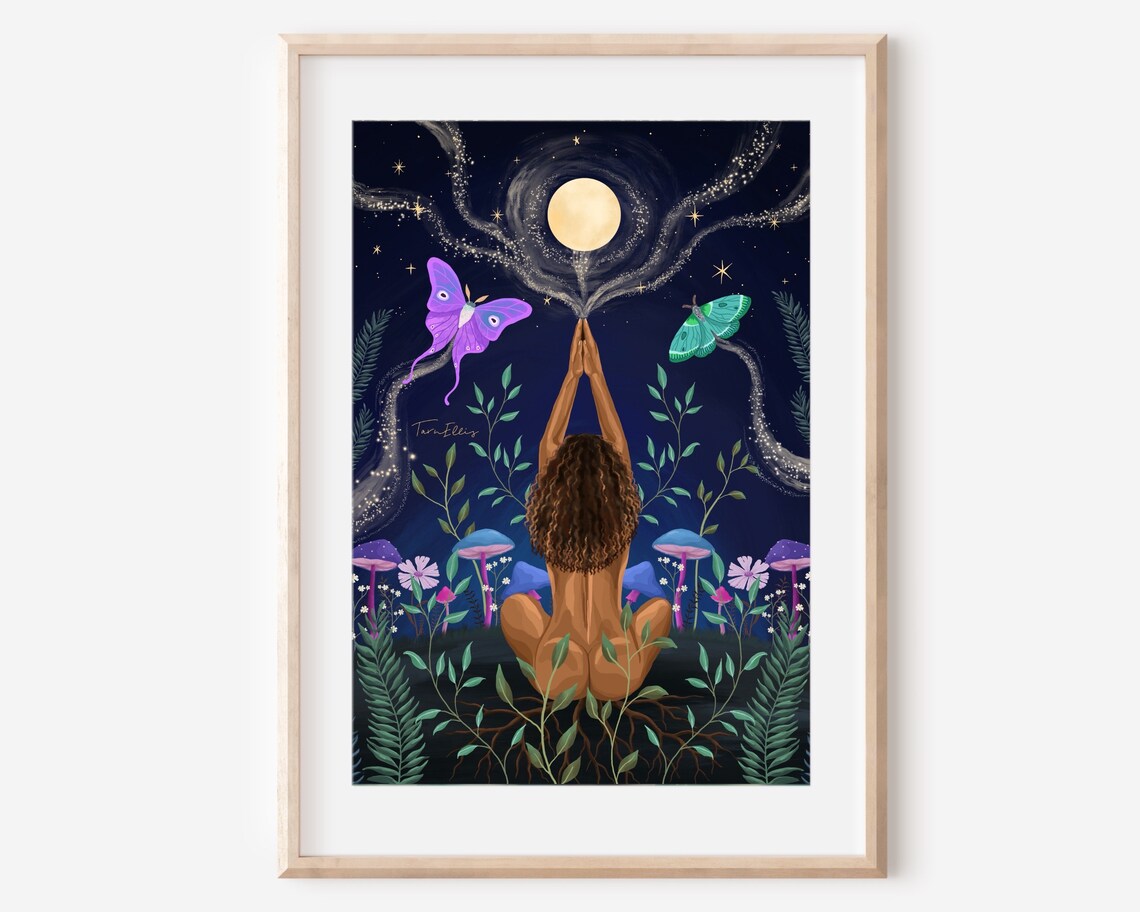 Emergence Moon Girl and Luna Moth Art Print