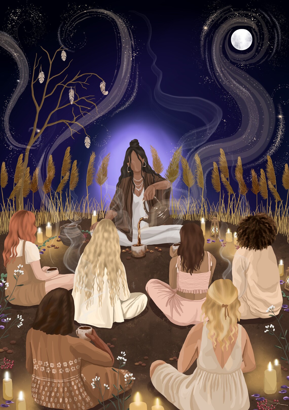 Cacao Ceremony Art Print, Witchy Moon Gathering - Image 3