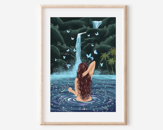 Butterfly Pool Art Print, Tropical Waterfall Illustration