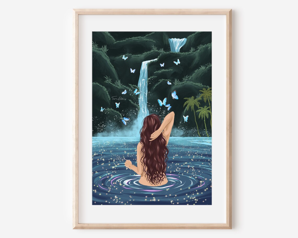 Butterfly Pool Art Print, Tropical Waterfall Illustration