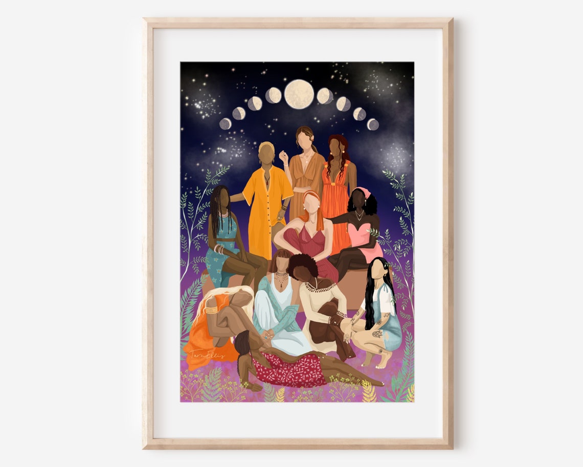 Women Unite Diverse Friends Under Moon Phases Starry Night Poster