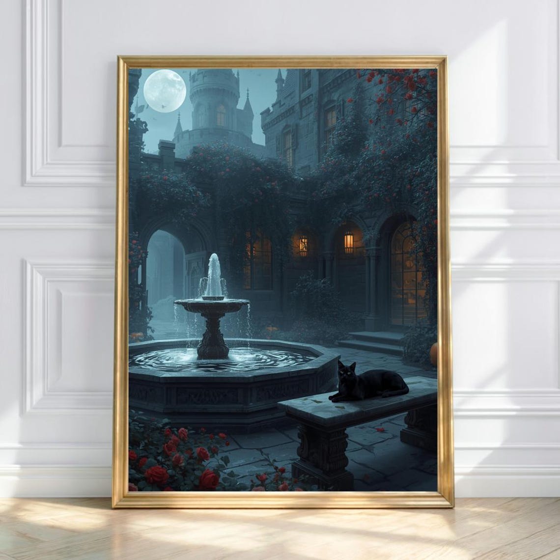 Moonlit Fountain Castle Courtyard Art Gothic Elegance Wall Print