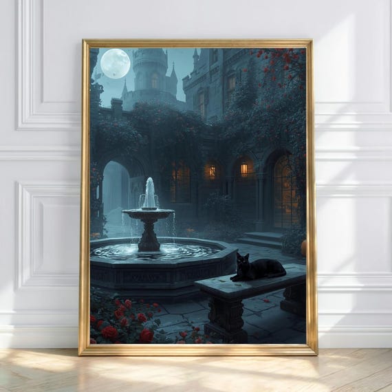 Moonlit Fountain Castle Courtyard Art Gothic Elegance Wall Print