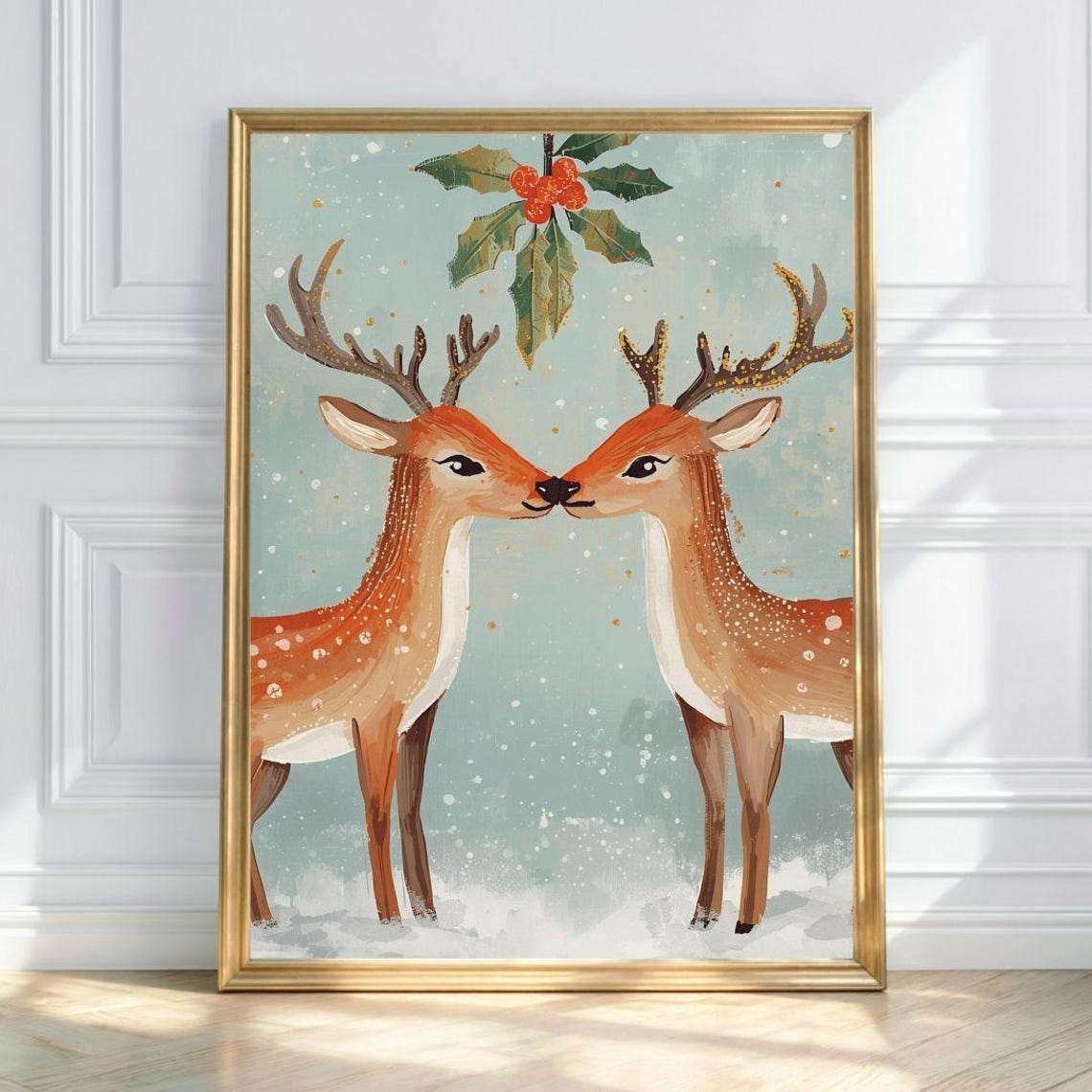 Romantic Reindeer Kissing Under Mistletoe Snowy Christmas Print