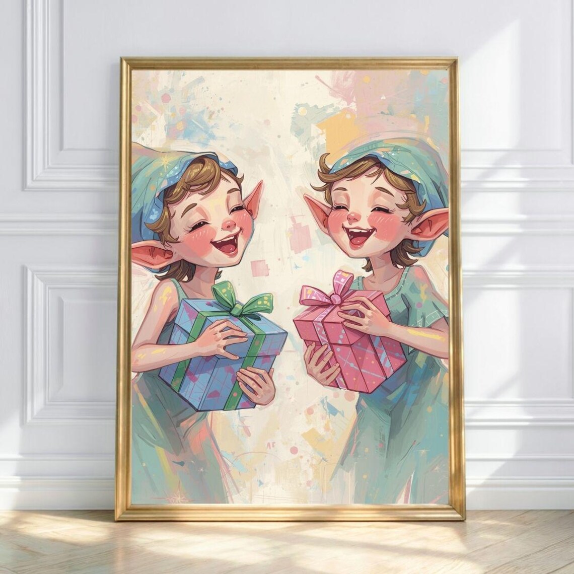 Laughing Christmas Elves With Gift Boxes Joyful Holiday Poster