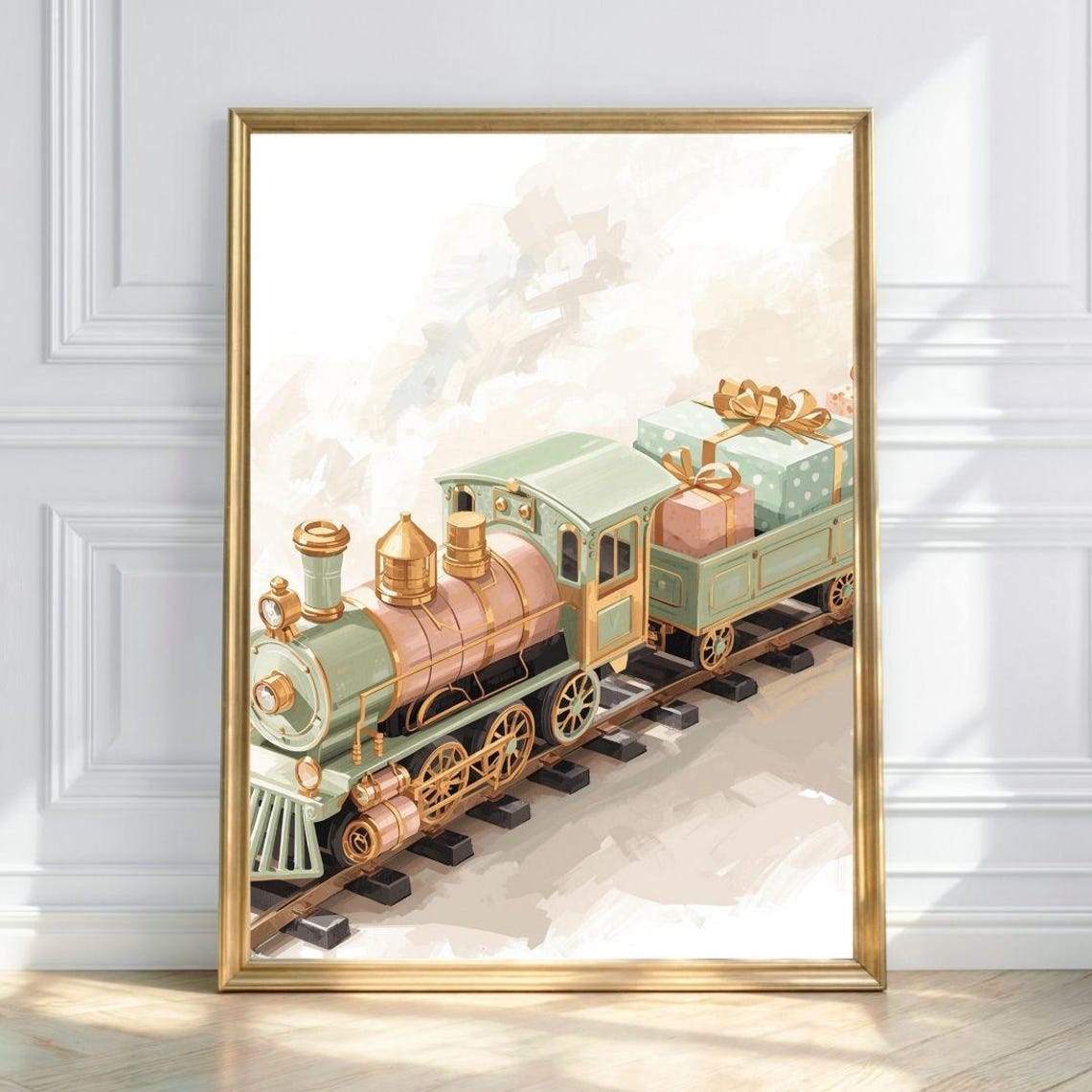 Pastel Christmas Train Carrying Gifts Vintage Holiday Poster