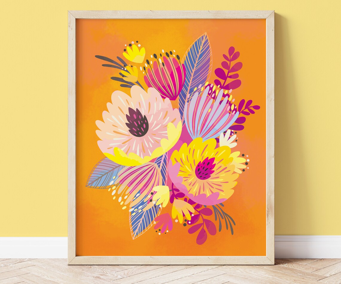 Orange Pink Flower Art Print, Boho Floral Decor