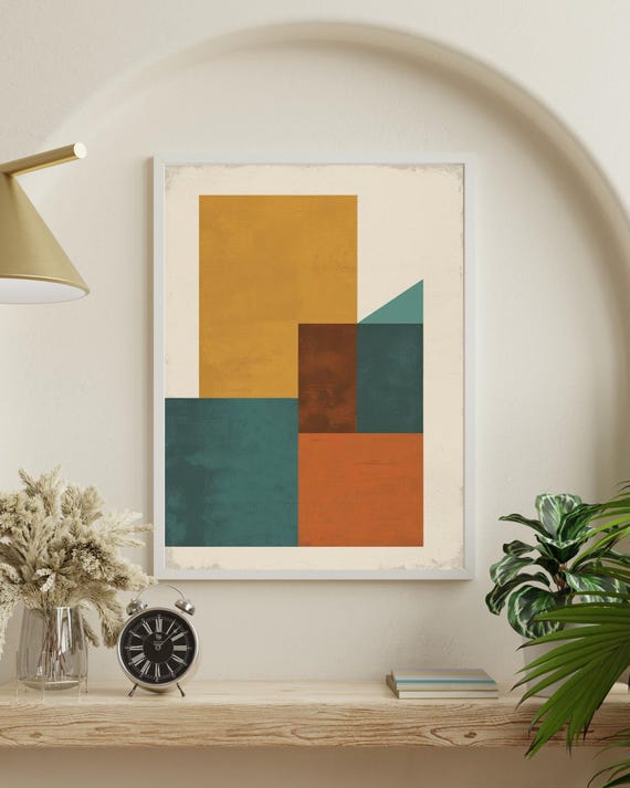 Abstract Color Block Wall Art Minimal Retro Geometric Print Mid Century Modern Style Teal Mustard Poster