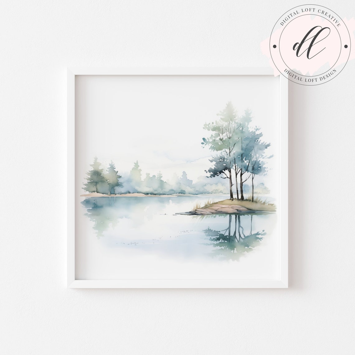 Watercolor Misty Lake with Pine Trees Minimal Landscape Poster - Image 2