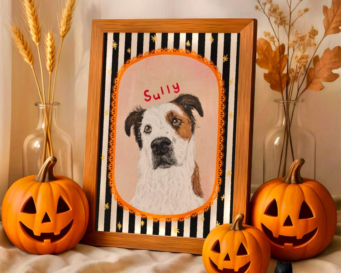 Juno the Dog Retro Striped Custom Pet Portrait Cute Puppy Bow Wall Art - Image 4