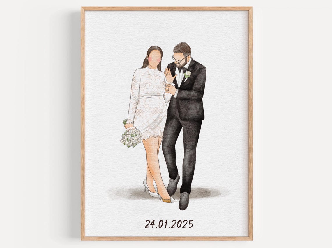 Wedding Couple Watercolor Portrait Dated 24.01.2025 Keepsake Poster