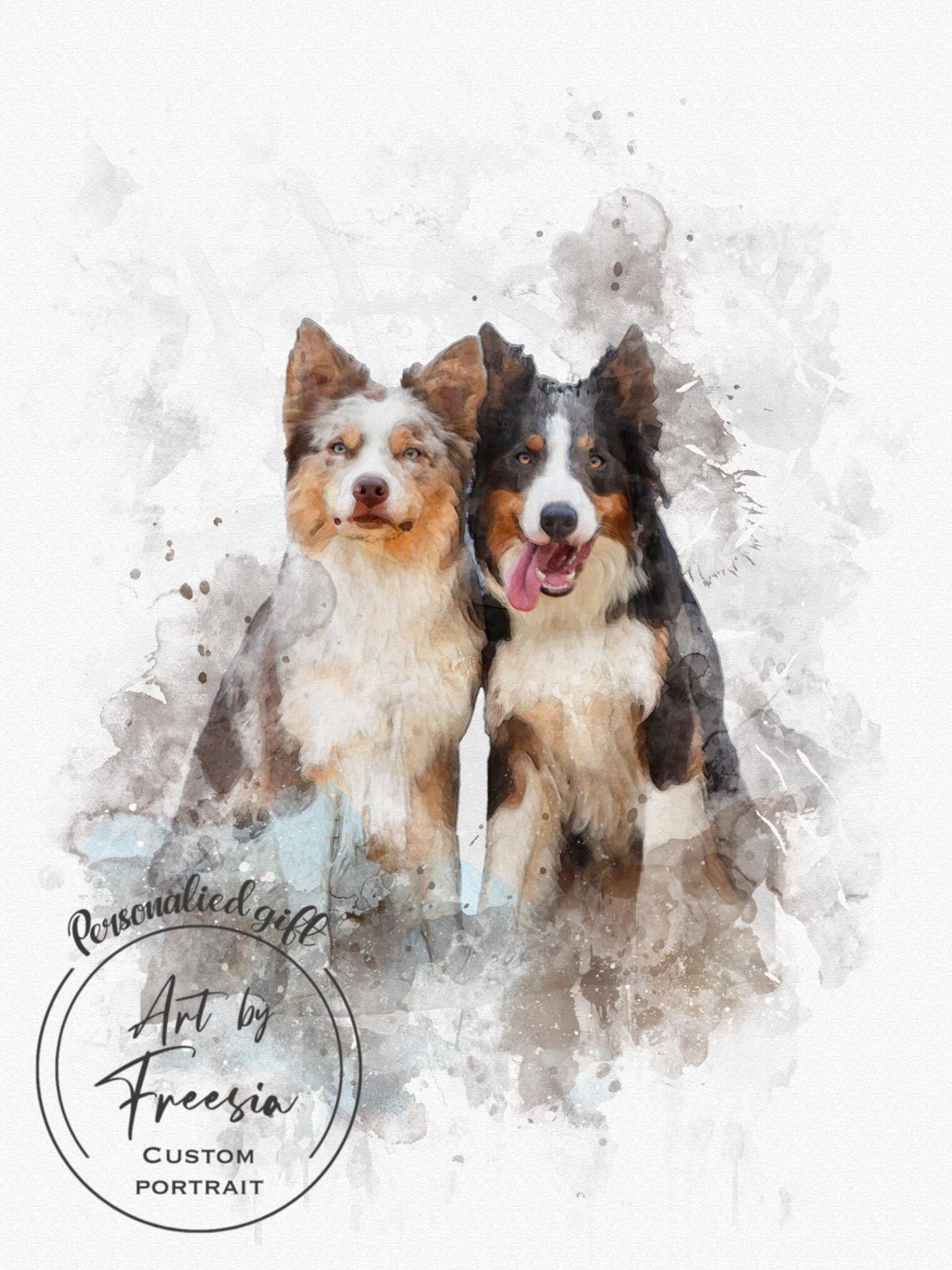 Two Australian Shepherd Dogs Watercolor Custom Pet Portrait Poster