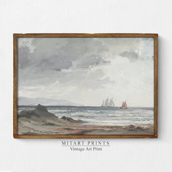 Vintage Sailboat Seascape Cloudy Sky Gray Ocean Oil Painting Poster