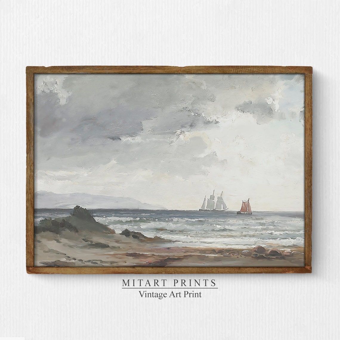 Vintage Sailboat Seascape Cloudy Sky Gray Ocean Oil Painting Poster