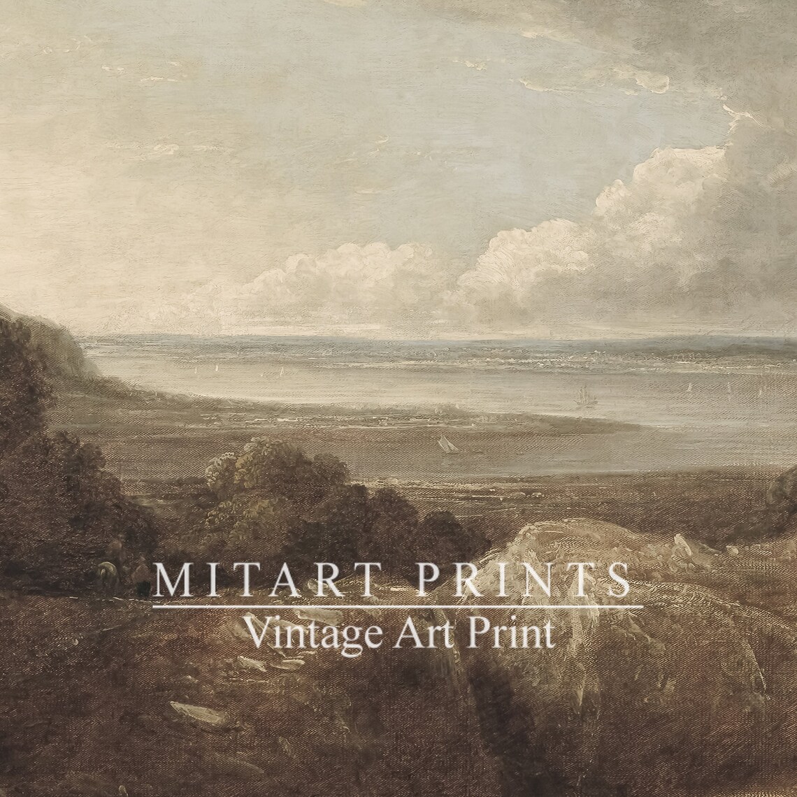 Moody Vintage Coastal Seascape Stormy Sky Oil Painting Poster - Image 3