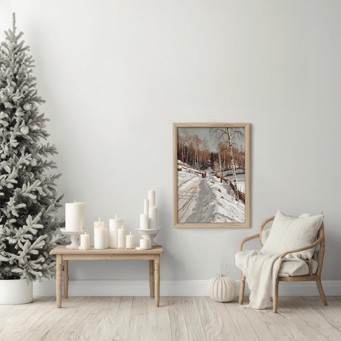 Snowy Birch Forest Road With Horse Sleigh Winter Landscape Art Print - Image 5