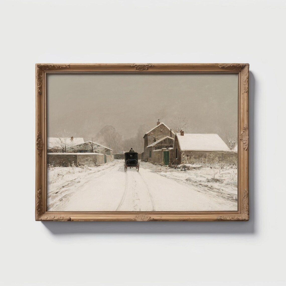 Snowy Village Road With Horse Drawn Carriage Vintage Winter Art Print - Image 3