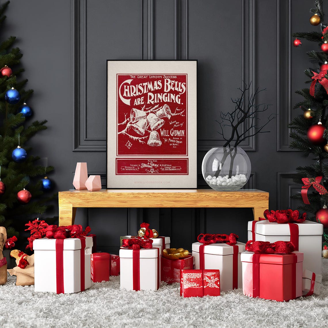 Christmas Bells Are Ringing Will Godwin Red Vintage Sheet Music Print - Image 3