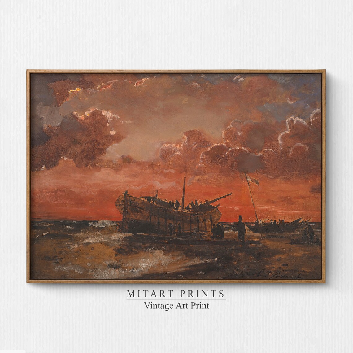 Vintage Moody Coastal Painting Sailboat Oil Painting Antique Sunset Print Vintage Dark Academia Print Instant Red Sky