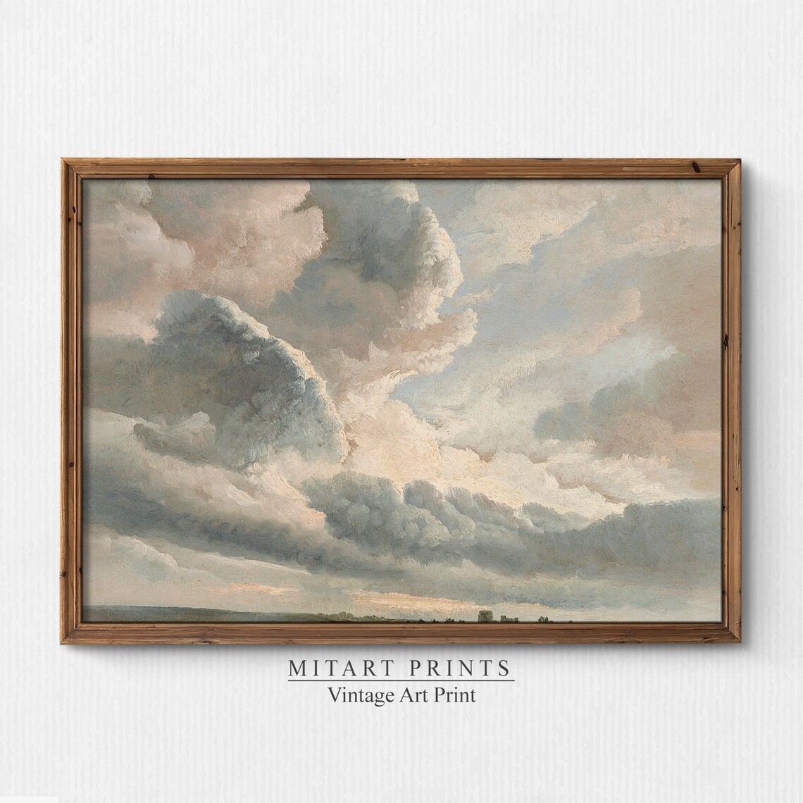 Vintage Cloudy Sky Painting, French Countryside Art Print