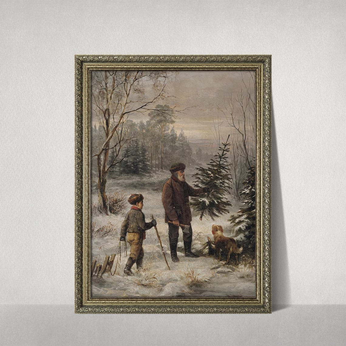 Father and Son Cutting Christmas Tree in Snow Vintage Art Print - Image 2