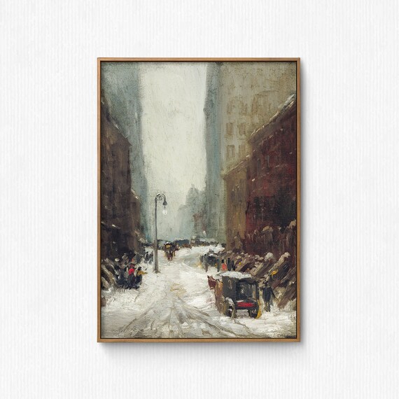 Vintage Snowy City Street Horse Carriage Winter Oil Painting Poster