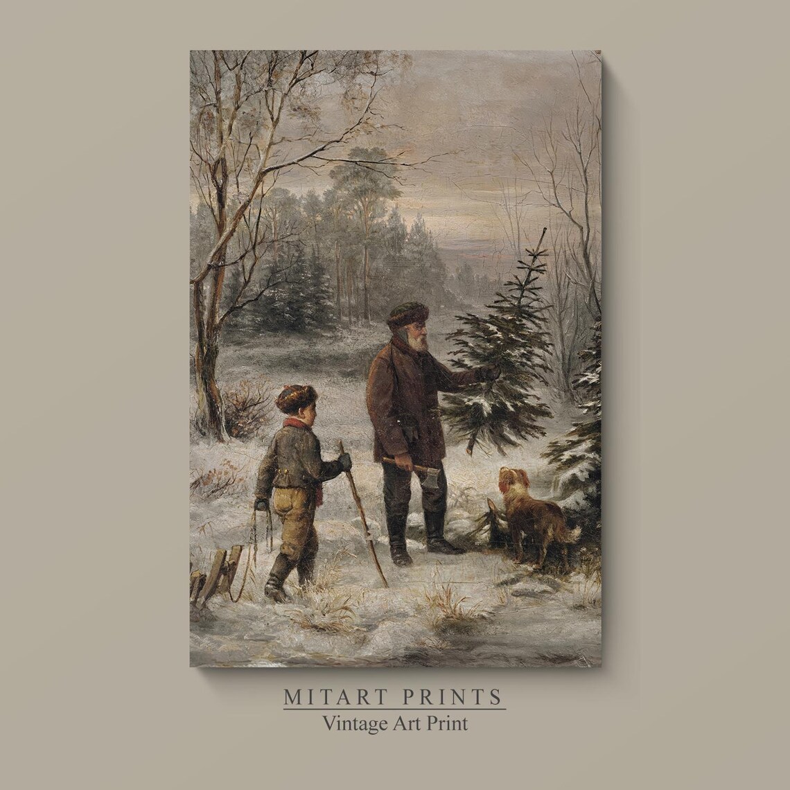 Father and Son Cutting Christmas Tree in Snow Vintage Art Print - Image 4