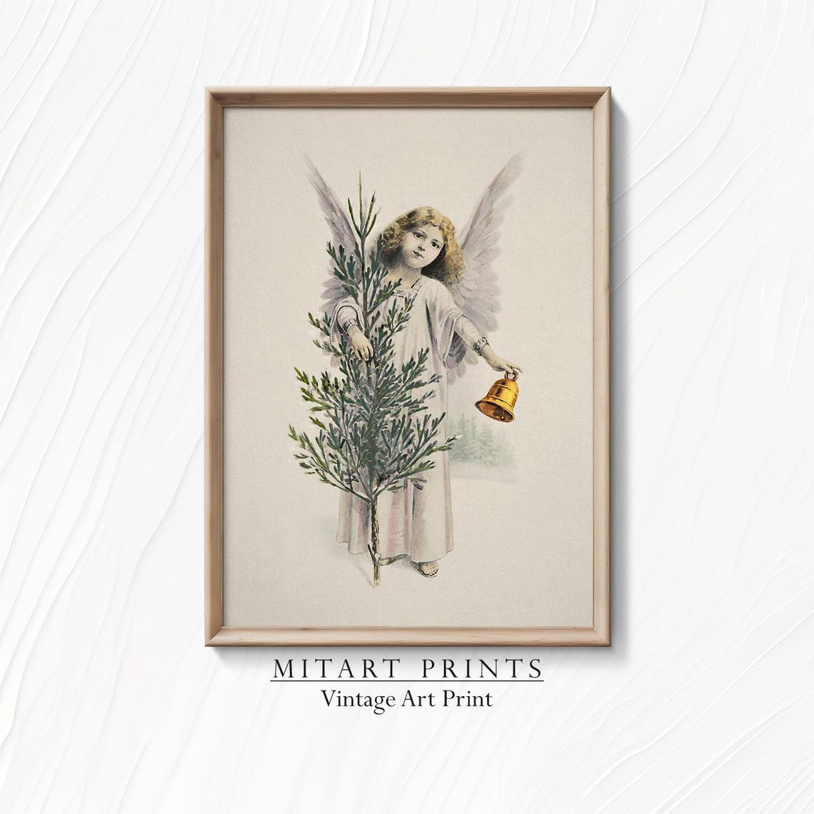 Vintage Christmas Angel Holding Tree and Golden Bell Art Print