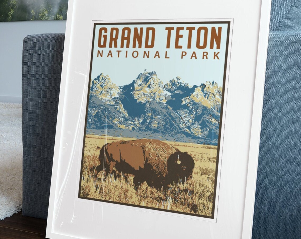 Grand Teton National Park Bison Mountain Prairie Vintage Poster