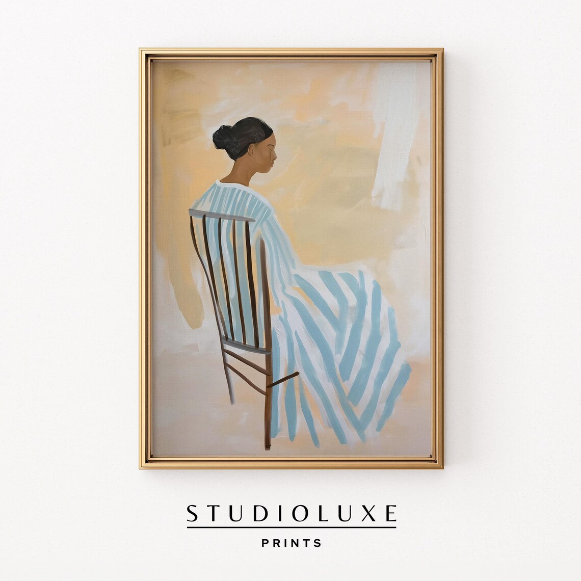 Woman In Striped Dress Seated Abstract Beige Portrait Poster