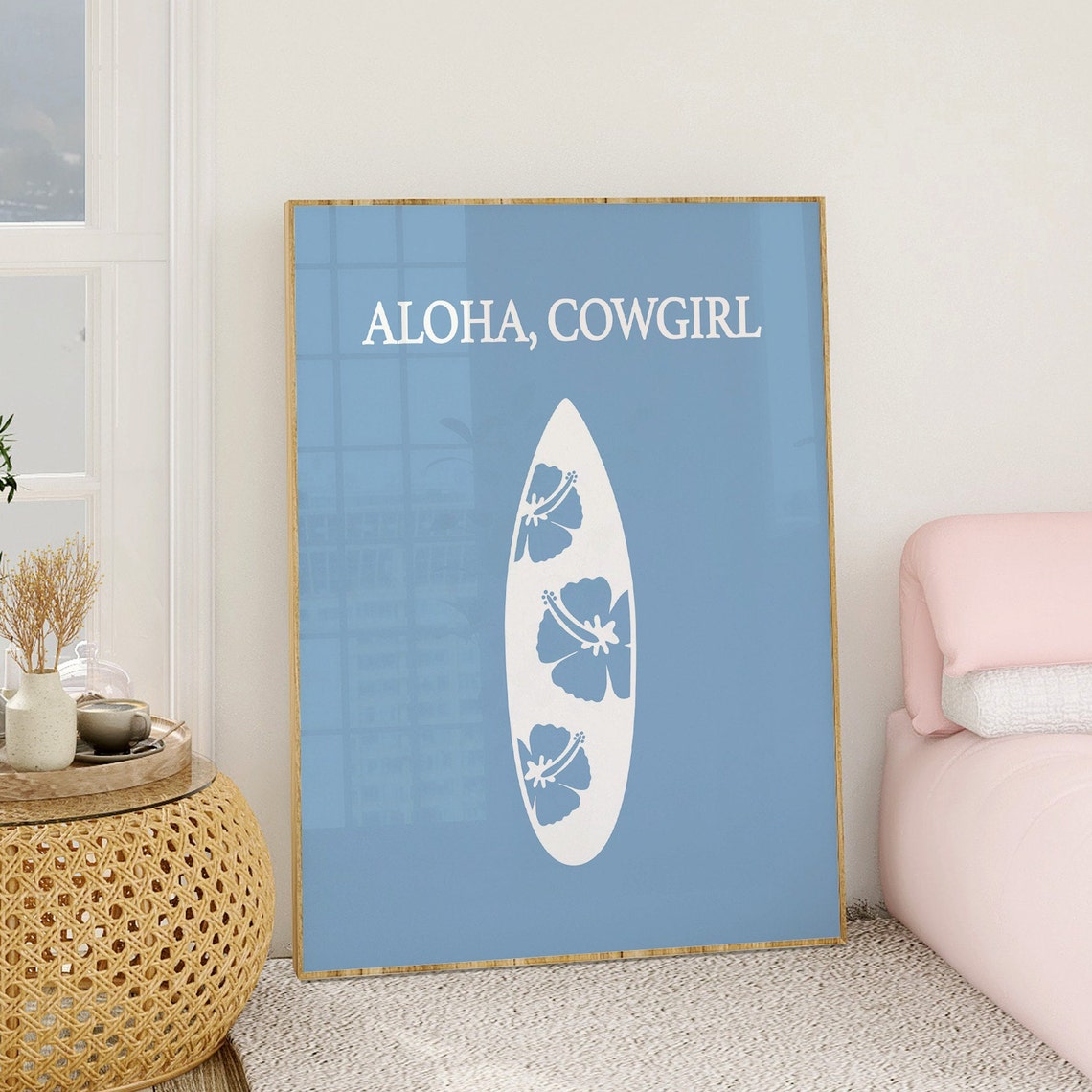 Surfboard Wall Art Aloha Cowgirl Art Coastal Beach Cowgirl Decor Western Art Blue Poster Print Cowgirl Coastal Aesthetic Wall Art