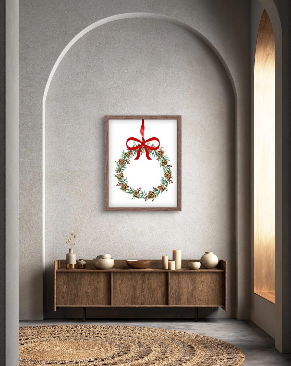 Watercolor Christmas Wreath Pinecones Red Bow Holiday Wall Poster - Image 2