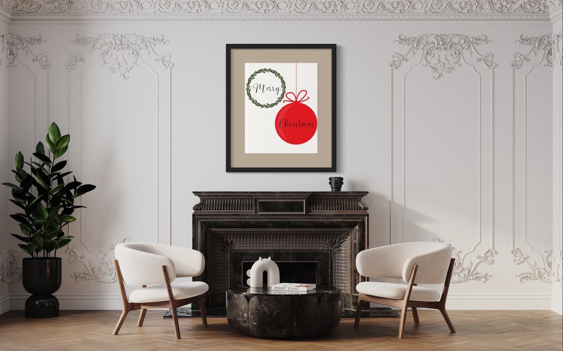 Merry Christmas Wreath Red Ornament Minimalist Holiday Greeting Poster - Image 3