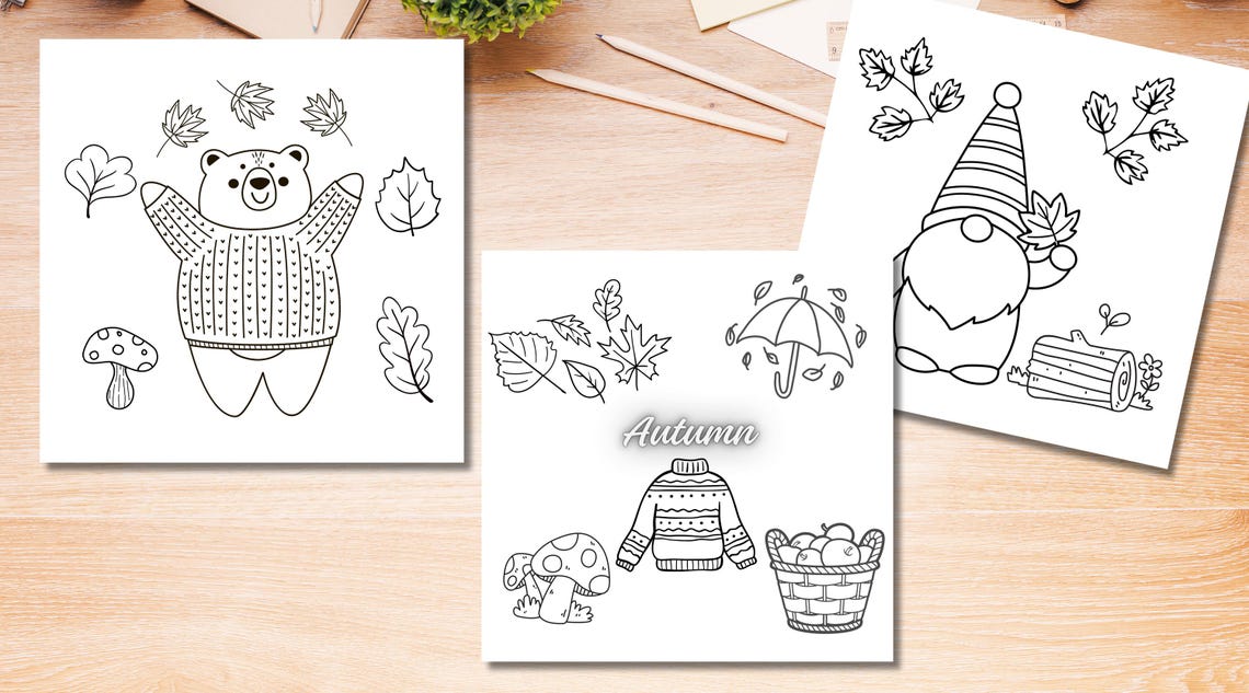 Autumn Fall Coloring Pages Bear Gnome Cozy Kids Activity Poster