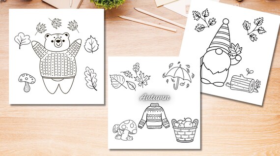 Autumn Fall Coloring Pages Bear Gnome Cozy Kids Activity Poster