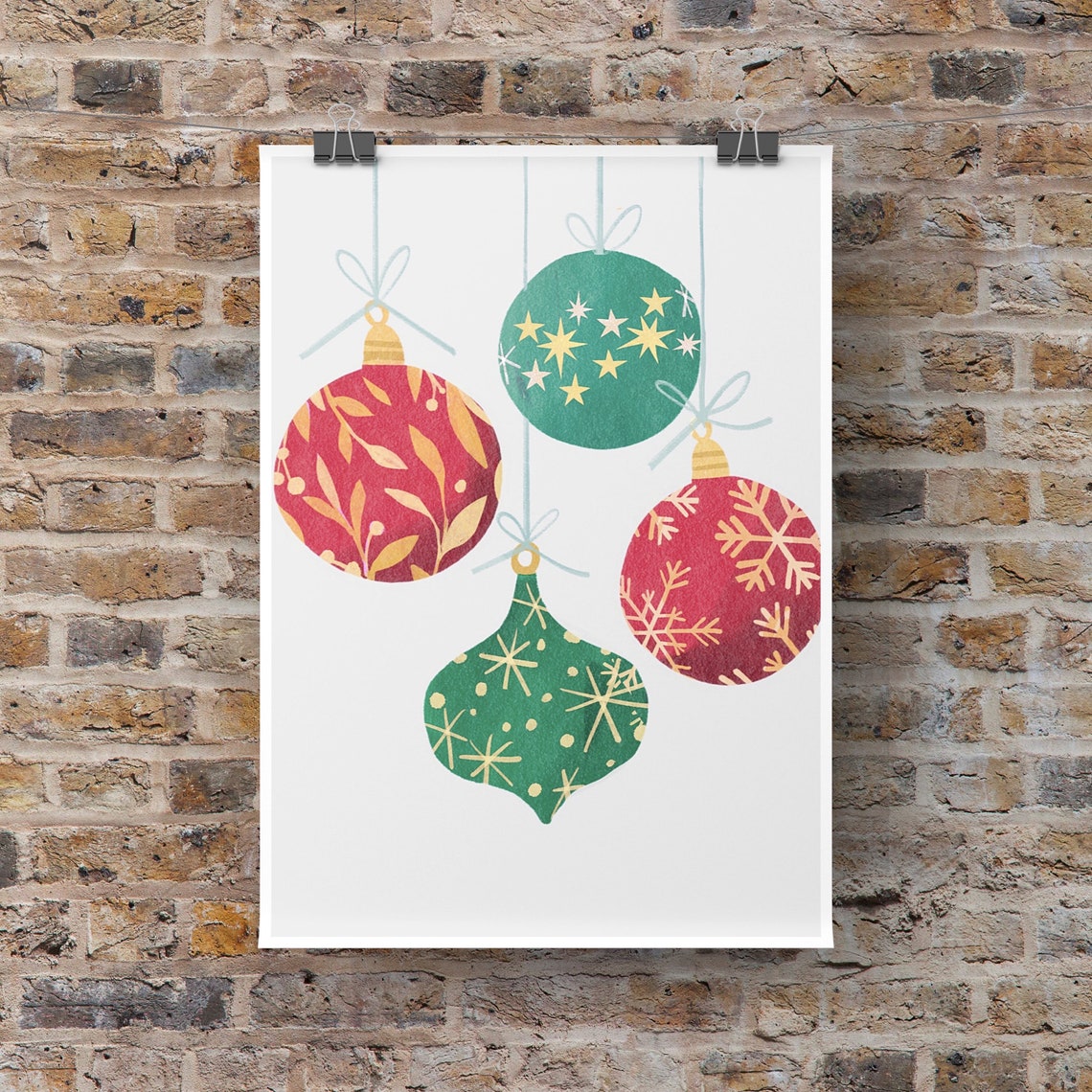 Red Green Christmas Baubles Snowflake Pattern Holiday Wall Poster
