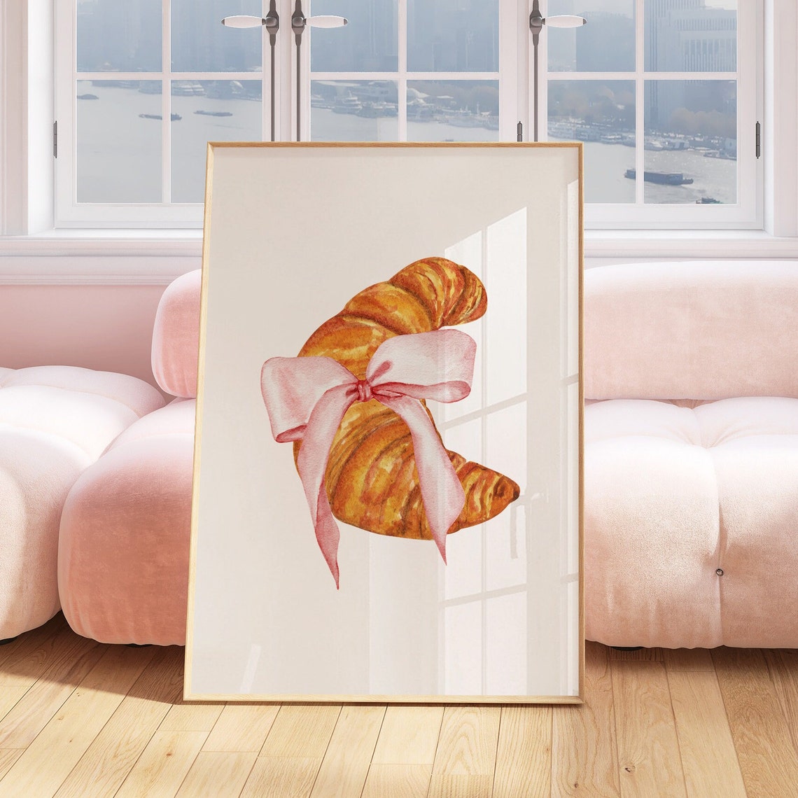 Pink Bow Croissant Watercolor French Bakery Kitchen Art Print - Image 3