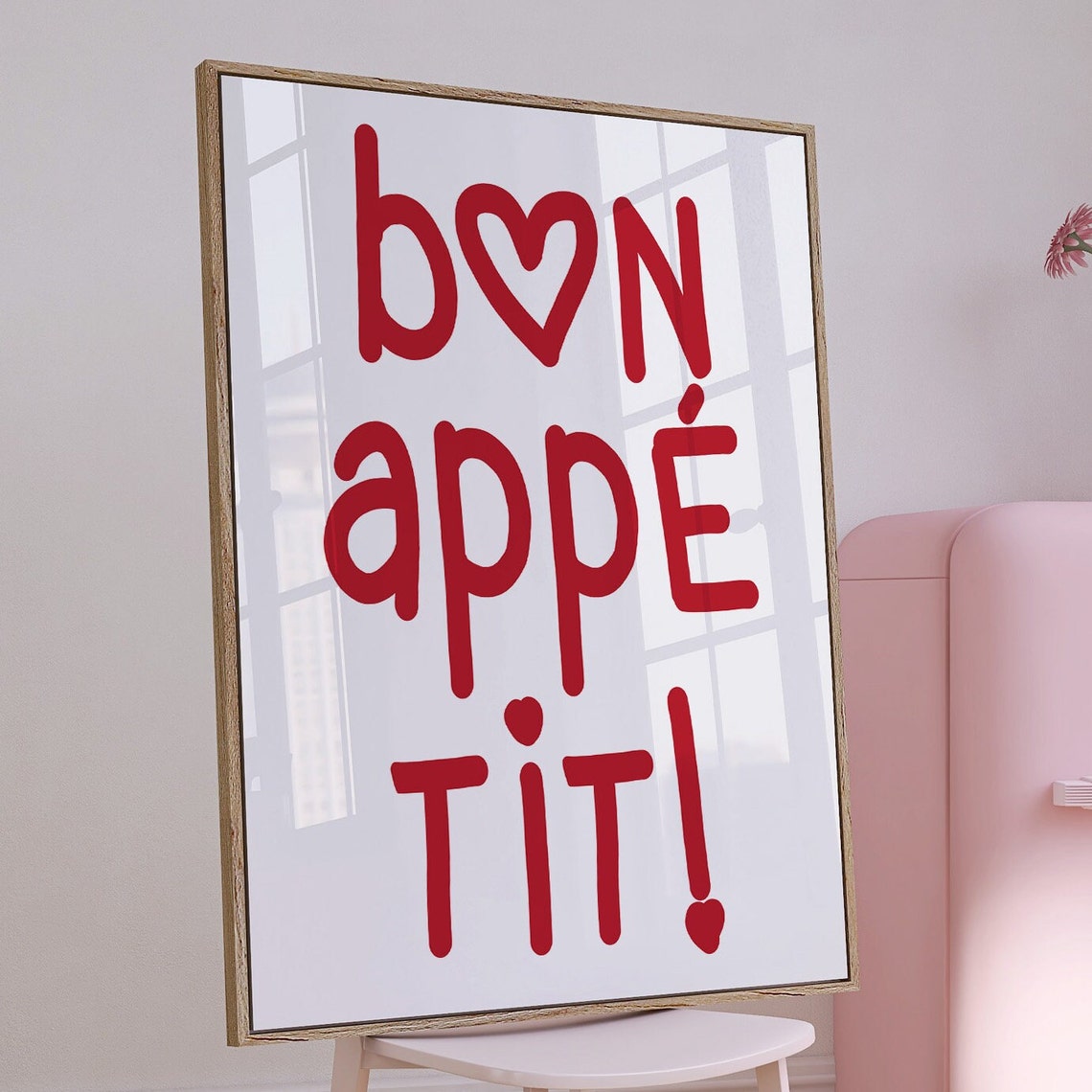 Bon Appetit Red Heart Typography Playful French Kitchen Decor Print - Image 4