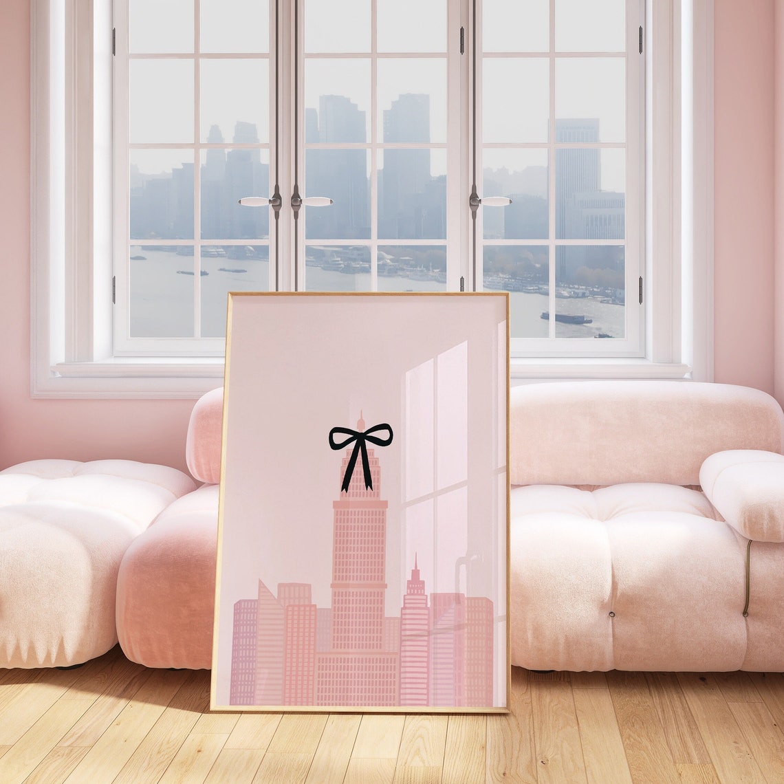Pink New York Skyline Black Bow Coquette Balletcore Art Poster - Image 3