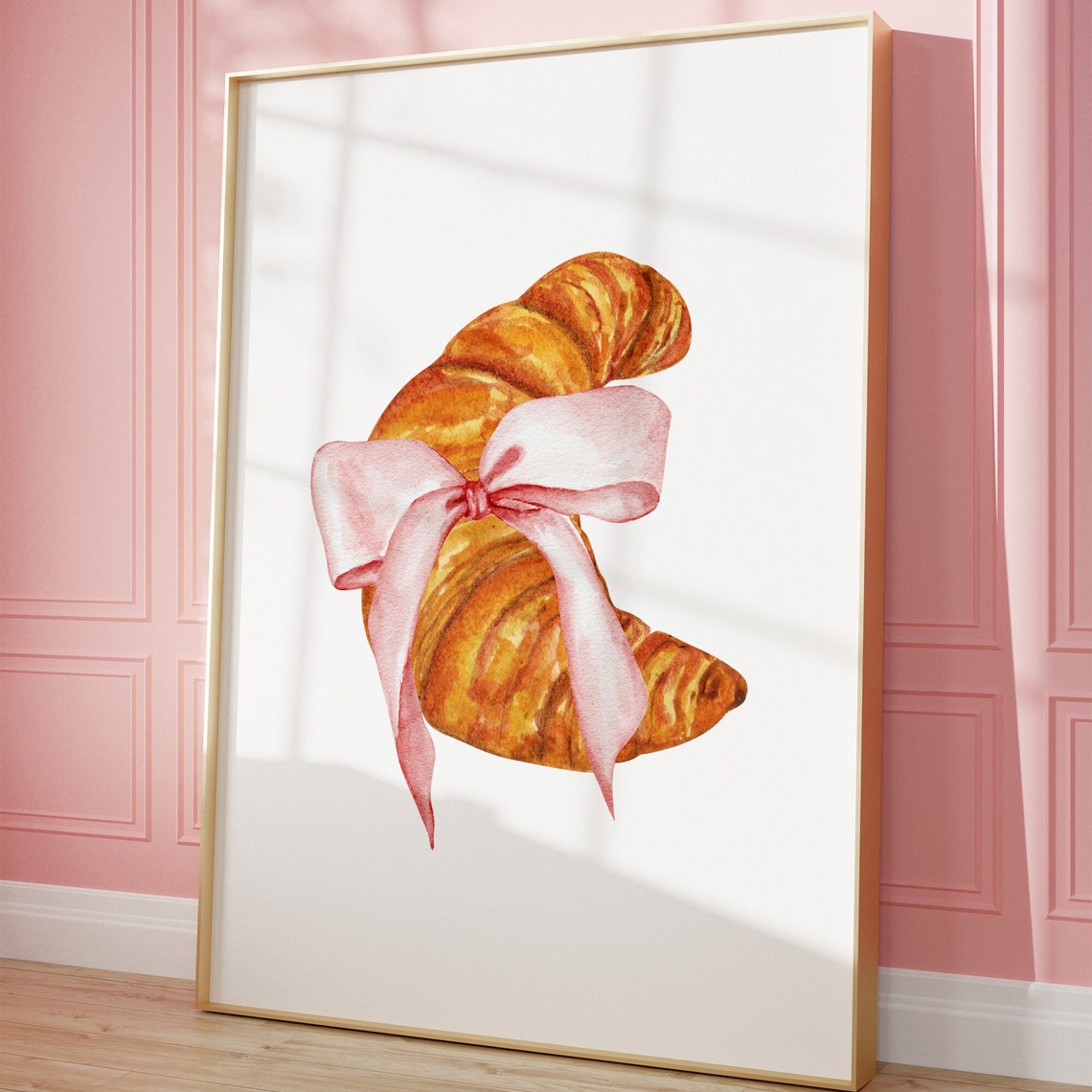 Pink Bow Croissant Watercolor French Bakery Kitchen Art Print