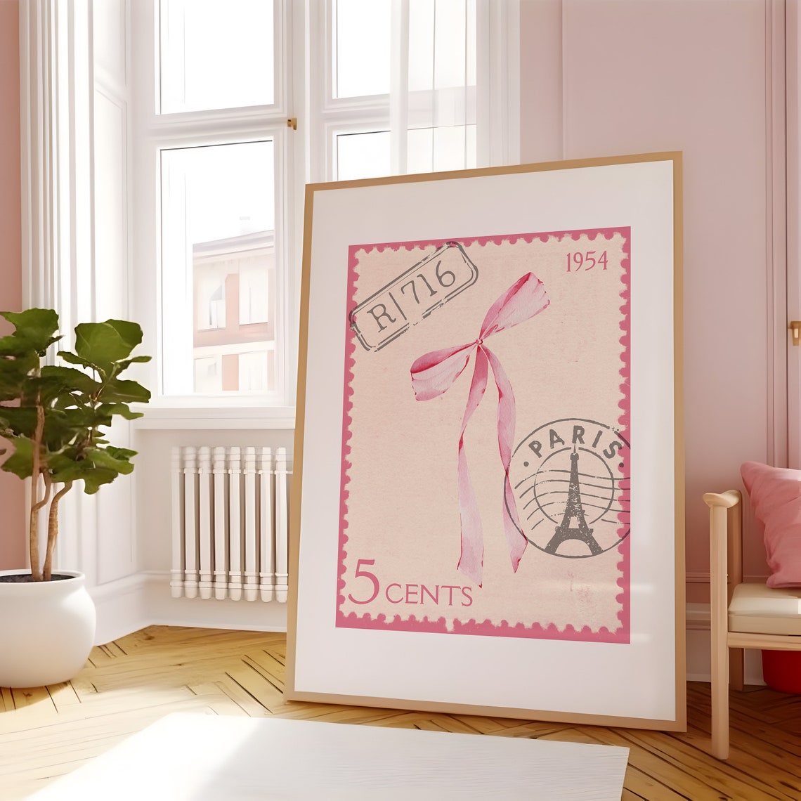 Vintage Paris 1954 Postage Stamp Design With Pink Bow Poster - Image 5