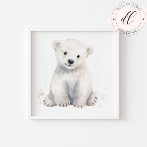 Adorable Watercolor Polar Bear Cub Nursery Animal Art Poster