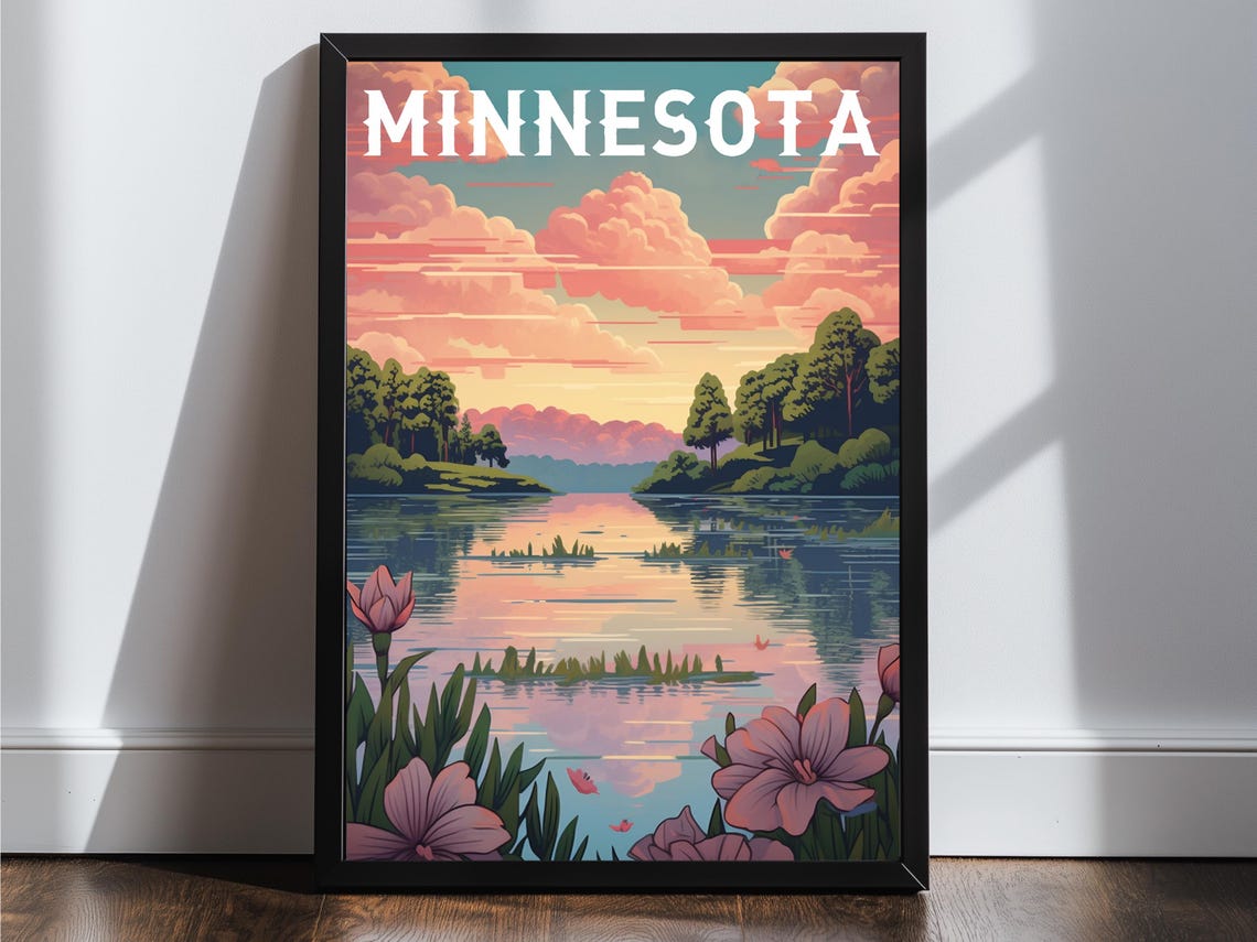 Minnesota Lake Sunset Pink Wildflowers Pine Vintage Travel Poster