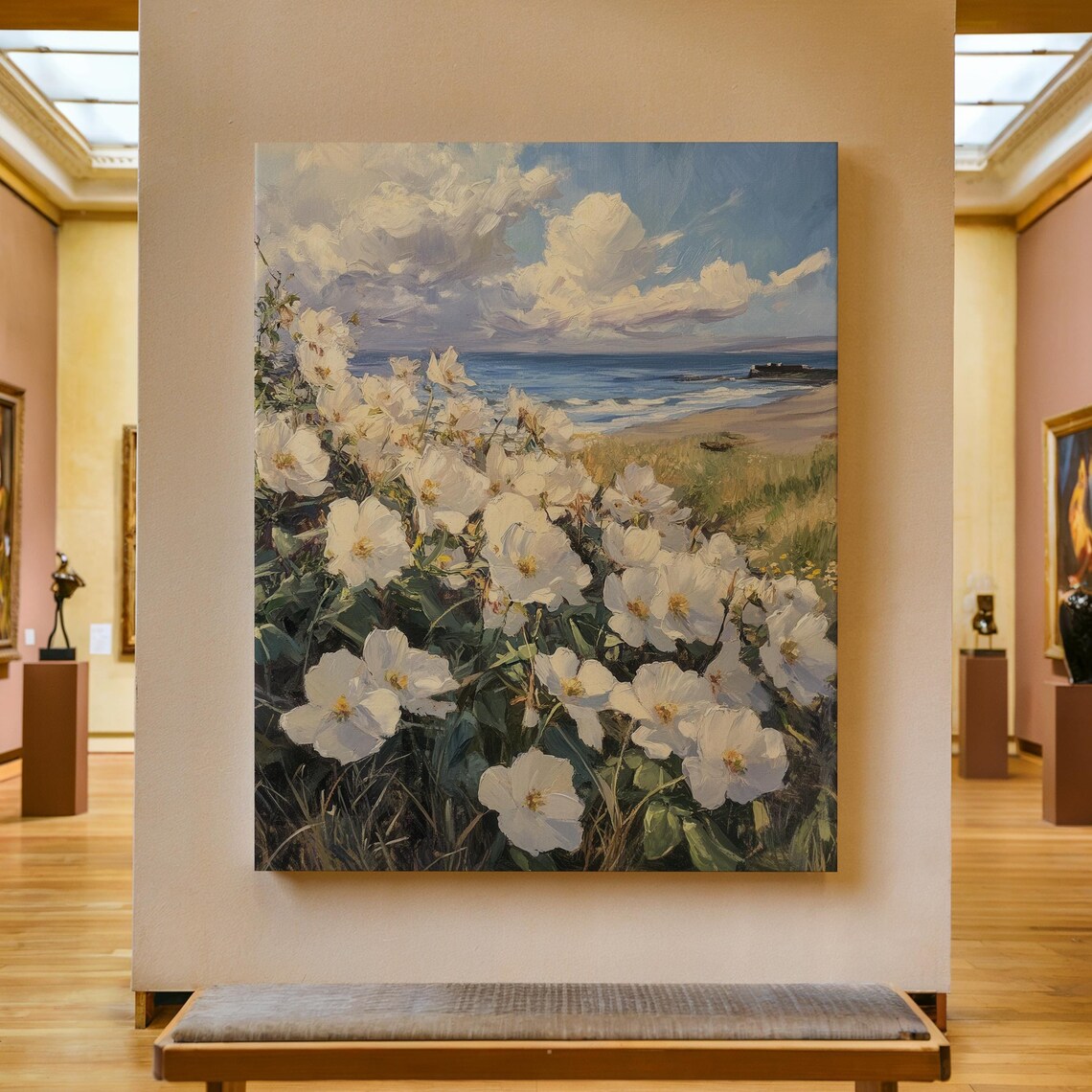 White Beach Roses Poster Blooming Above the Sea Under Cloudy Skies