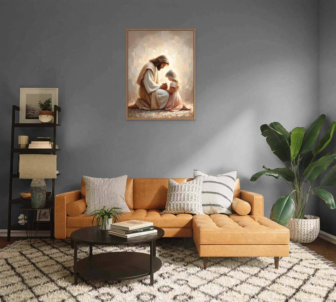 Jesus Kneeling In Prayer With Little Girl In Pink Dress Golden Poster - Image 2