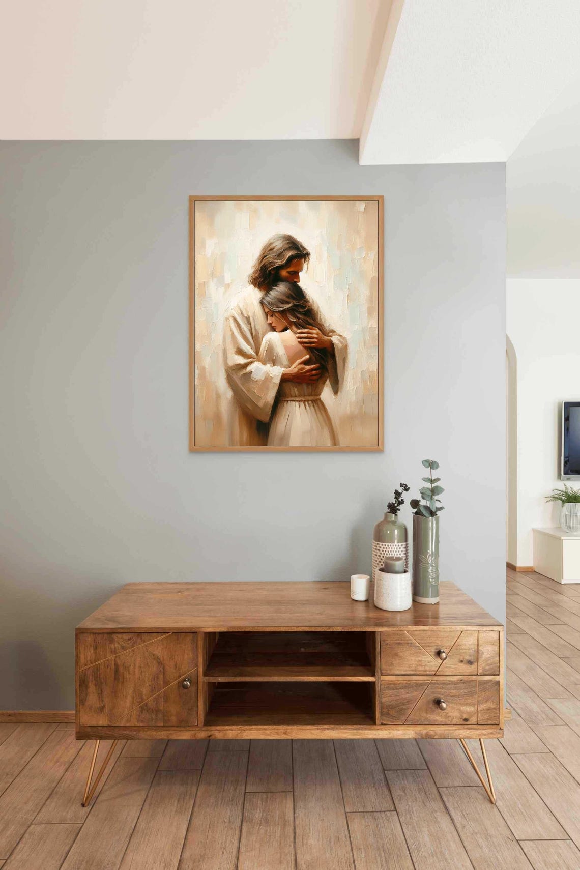Jesus Embracing Woman In Cream Dress Soft Neutral Light Art Poster - Image 4