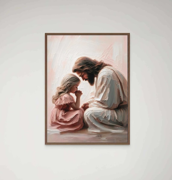 Jesus Praying With Little Girl In Pink Dress Soft Impasto Art Poster