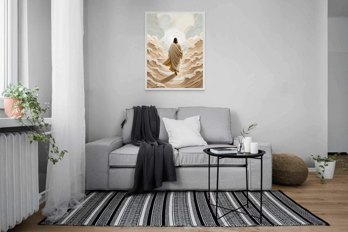 Jesus Walking On Water Between Towering Waves Cream Impasto Poster - Image 4