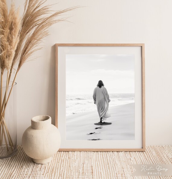 Jesus Walking On The Beach Footprints In Sand Black And White Faith Poster